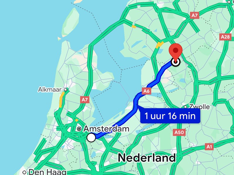 Routekaart van Amsterdam naar een bestemming in Overijssel, met een reistijd van 1 uur en 16 minuten via de A6